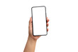 © Arthon - Hand holding smartphone white screen with the clipping path isolated on a white background.