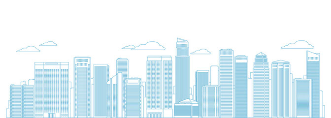 Urban panorama cityscape line art. Vector illustration of city landscape with modern downtown skyscrapers and buildings.