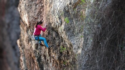 Wall Mural - A woman climbs the rock. Training on natural terrain. Extreme sport. The climber trains on a natural relief. A young woman with a rope goes in for the sport of rock climbing on a rock.