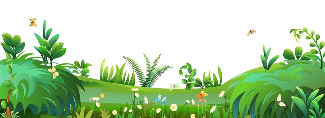 Wall Mural - Dense thickets with flowers and butterflies. Green meadow. Grass field. Beautiful summer landscape. Fun cartoon style. Cute nature scene. Isolated on white background. Vector