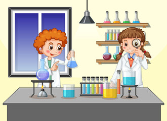 Wall Mural - Scientist kids in laboratory room background