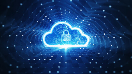 Fototapete - Storage technology concepts transfer data to cloud computing platforms. The cloud icon and padlock stand out in the middle and a small cloud icon between the connected polygons. dark blue background.