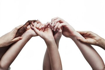 Poster - Embracing unity through diversity. Shot of a group of hands holding on to each other against a white background.