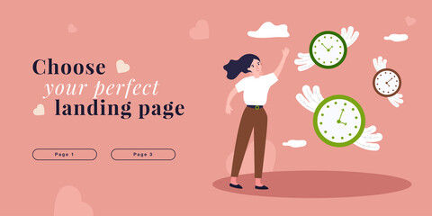 Wall Mural - Clock with wings flying into sky and businesswoman. Lost and lack of time of tiny woman flat vector illustration. Effective time management concept for banner, website design or landing web page