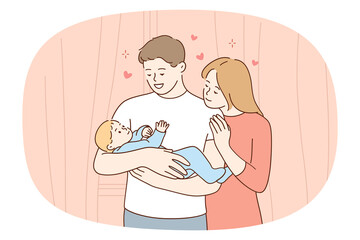 Happy young family with newborn baby in hands enjoy parenthood together. Smiling parents hold infant feel grateful and loving. Pregnancy and ivf treatment. Childbirth. Vector illustration. 