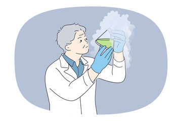 Wall Mural - mature male lab worker hold tube do experiments in laboratory. focused older man scientist or resear