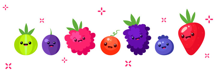 Forest berry and fruit plant. Sweet flavor jelly candy funny cute face. Juicy fresh berries, raspberry, gooseberry, lingonberry, blueberry, blackberry, strawberry, cartoon vector. Aroma therapy oil.