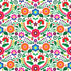 Poster - Mexican folk art vector seamless pattern with flowers, textile or fabric print design inspired by traditional embroidery ornaments from Mexico
 