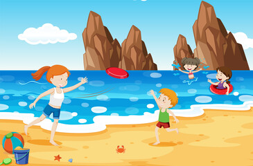 Sticker - children playing at beach in summer