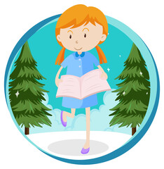 Sticker - Little girl reading a book on white background