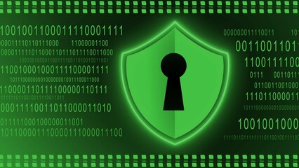 Wall Mural - Protective Shield element on binary code background - green banner design - data internet technology network concept - 3D Illustration