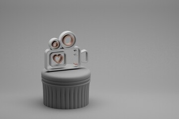 Aufkleber - Wonderful Video Camera with heart symbol icons on a column stand and beton  background. 3d rendering illustration. Background pattern for design. Wedding day..