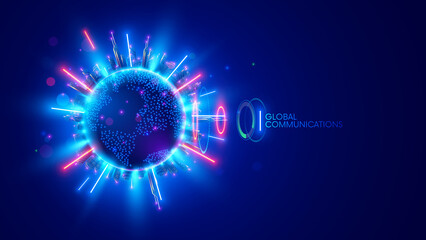 Poster - Global communication technologies. Digital tech of world globe wireless connection network. Planet earth in space internet connection. Futuristic illustration of web networking of future. IOT in city