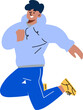 Cute boy in sport suit illustration. Male character jumping posture.