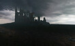 Ruin of an ancient church in countryside under a dark cloudy sky. 3D render.