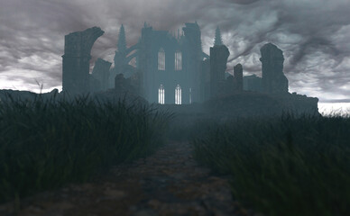 Canvas Print - Ruin of an ancient cathedral in foggy countryside under a dark cloudy sky. 3D render.