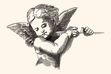 A Small Child Angel With Wings Holds A Nameplate In His Hands. Medieval Engraving Isolated On A Beige Background.