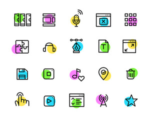 Wall Mural - simple colorful geometric line art icons set. server, layouts, tap, wifi, favorite, floppy disk and 