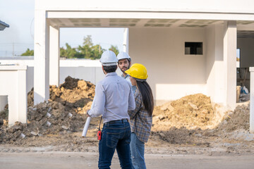 Aufkleber - Engineers group consult construction on site building working at construction site,Construction residential new house in progress at building site.