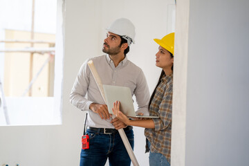 Aufkleber - Engineers group consult construction on site building working at construction site,Construction residential new house in progress at building site.