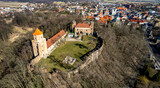 Fototapeta Miasto - miasto Toszek, stary zamek, gród z IX wieku, panorama z lotu ptaka. Śląsk w Polsce