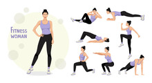 Fitness Woman. A Set Of Exercises For Women. Lunges, Push-ups, Squats, Planks. Body Workout. The Concept Of An Active And Healthy Life. Vector Illustration Isolated On White Background