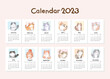 Calendar 2023 Collection with Vector Illustration of Hand Drawn Cartoon Cat, Watercolor Painted Design.