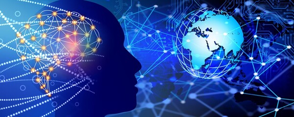 technology background with cogs, binary code and polygonal effect.