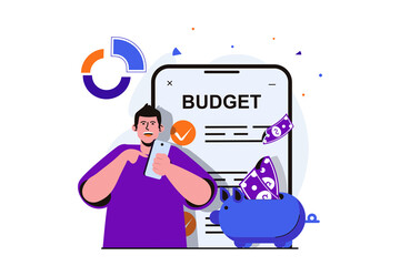 Wall Mural - Planning financial budget modern flat concept for web banner design. Male accountant analyzes financial statistics and saves money in mobile application. Illustration with isolated people scene