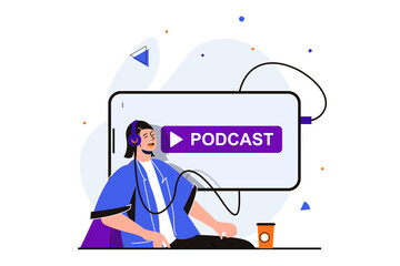 Aufkleber - Podcast streaming modern flat concept for web banner design. Woman in headphones enjoys her favorite podcast or listening radio in mobile app player. Illustration with isolated people scene