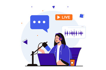 Aufkleber - Podcast streaming modern flat concept for web banner design. Woman records audio and speaks into microphone in studio, broadcasting live on radio. Illustration with isolated people scene