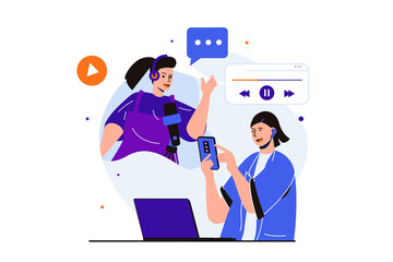 Aufkleber - Podcast streaming modern flat concept for web banner design. Woman listener enjoys live broadcast or listens to radio stream from female journalist. Illustration with isolated people scene