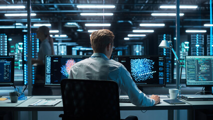 Wall Mural - In the Futuristic Laboratory or Office Male Scientists Working at the Two Monitors. Developer Writing Code at the Evening. Computer Engineer Create Neural Network at His Workstation