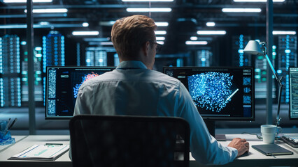 Aufkleber - Back View of the Data Analysts Work on Visualisation with Machine Learning on Two Computer Screens in Modern Office. Data Science in Business, Finance and Innovation.