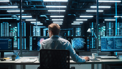 Fototapete - High-Tech Data Center Server Control: IT Specialist Administrator Working on Computer, Screen Advanced Showing Big Data AI Analysis. Web Services, Cloud Computing, Analytics Facility, Cyber Security