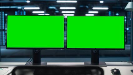 Fototapete - Professional IT Programer Working in Data Center on Desktop Computer with Two Displays, while Doing Development of Software and Hardware. Displays Show Blockchain, Data Network Architecture