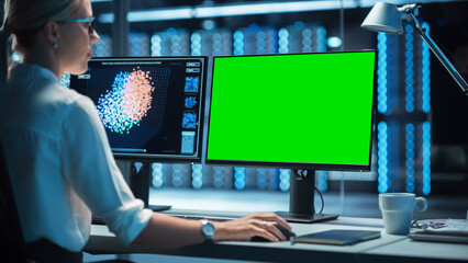 Aufkleber - In the System Control Data Center Operates Multiple Screens with Neural Network and Data Activities. Room is Dark and Full of Monitors with Working Neural Network on Them.