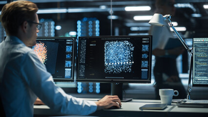 Fototapete - Professional IT Technical Support Specialist and Software Developer Working on Computer with Green Screen Mock Up Display in Monitoring Control Room with Digital Screens.