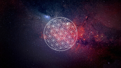 Wall Mural - flower of life symbol on galaxy background, sacred geometry wallpaper, flower of life sign, pattern,