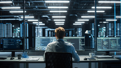 Wall Mural - In the System Control Room Technical Operator Sits and Monitors Various Activities Showing on Multiple Displays with Graphics. Responsibility for Information Security in the Company Concept