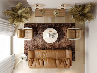 Sticker - Minimalist Interior of modern living room top view 3D rendering