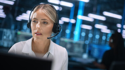 Fototapete - Beautiful Caucasian Female Call Center Operator in Headsets Working in Office and Looking at the Two Monitors. Call Center, Telemarketing, Customer Support Agent Provide Service on Conference Call