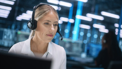 Fototapete - European Businesswoman Customer Support Service Agent Wearing Headset Looking at the Screen and Talk by Conference Business Call. Female manager Consult Client by Video Chat