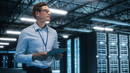 Poster - IT Technician Works on Tablet Computer in Big Data Center at Night. He Runs Diagnostics and Maintenance, Sets System Up. Cloud Service, Server Transfer and Analytics concept