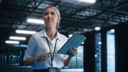 Aufkleber - Woman IT Technician Works on Tablet Computer in Big Data Center at Night. She Runs Diagnostics and Maintenance, Sets System Up. Cloud Service, Server transfer and Analytics concept