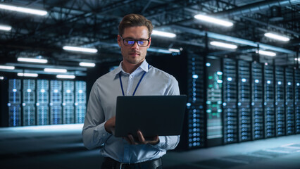 Poster - Successful Businessman in Formal Clothes Working on Laptop and Looking at the Screen in Office. Stylish male Executive Working Late on Computer to Achieve Best Results. Business Concept