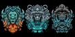 Collection of lion head with ornament in neon color style
