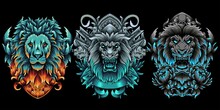 Collection Of Lion Head With Ornament In Neon Color Style