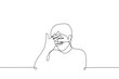 © Kamila Bay - man covers face with palm but spreads fingers and peeps - one line drawing vector. concept of guilty pleasure, unwillingness to look, close one's own eyes