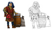 Profession - merchant. Illustration with medieval merchant with goods.	Template for coloring book.